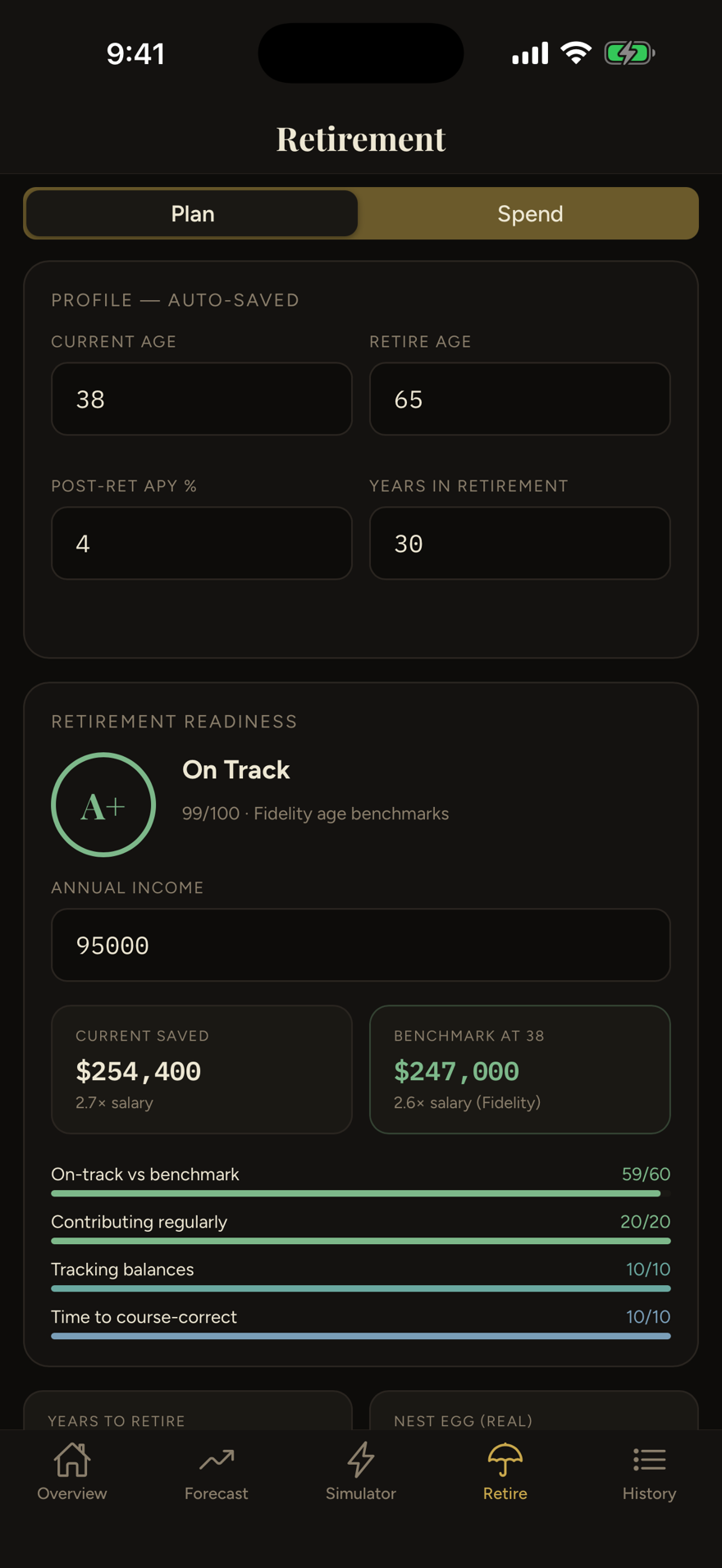 Vault retirement screen showing an A+ readiness grade against Fidelity benchmarks