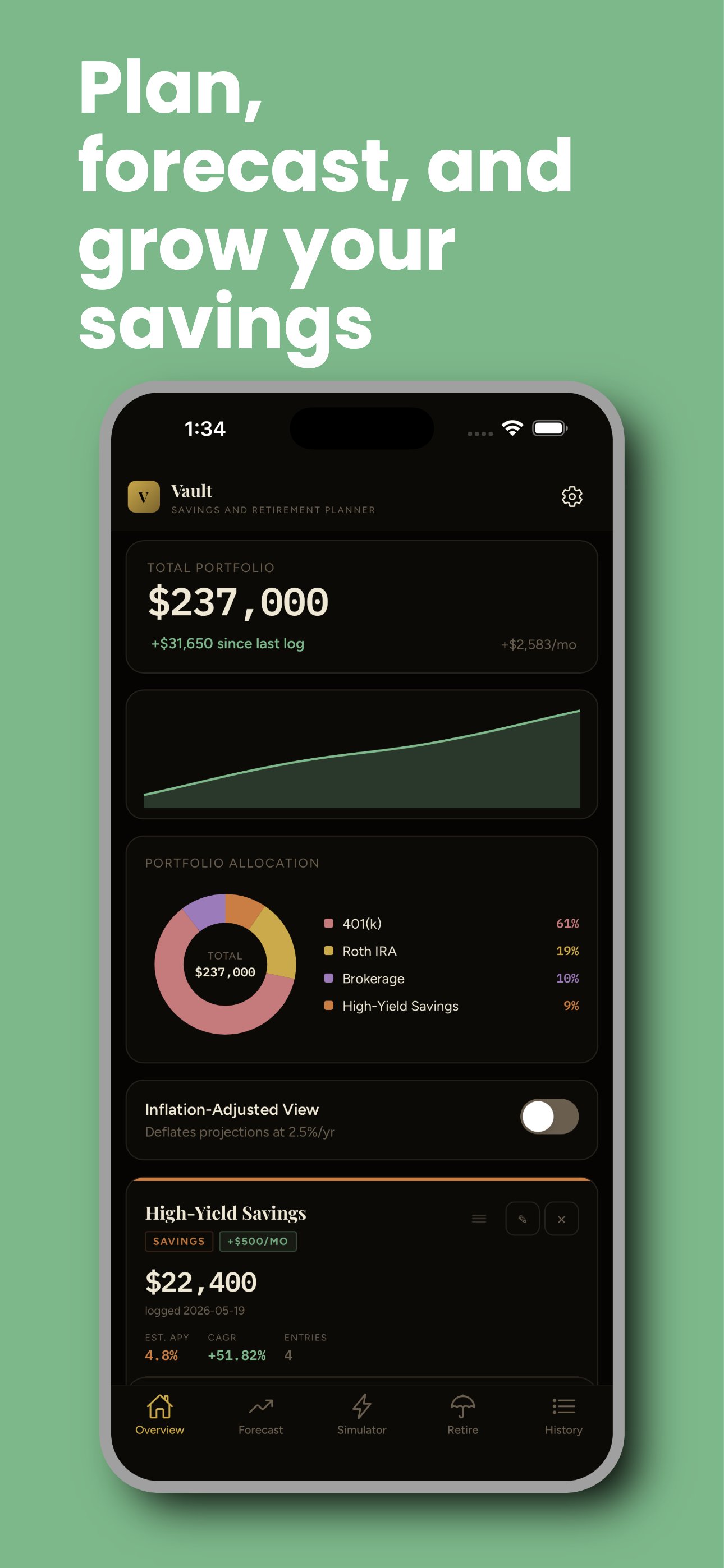 Vault app overview screen showing portfolio balance and allocation