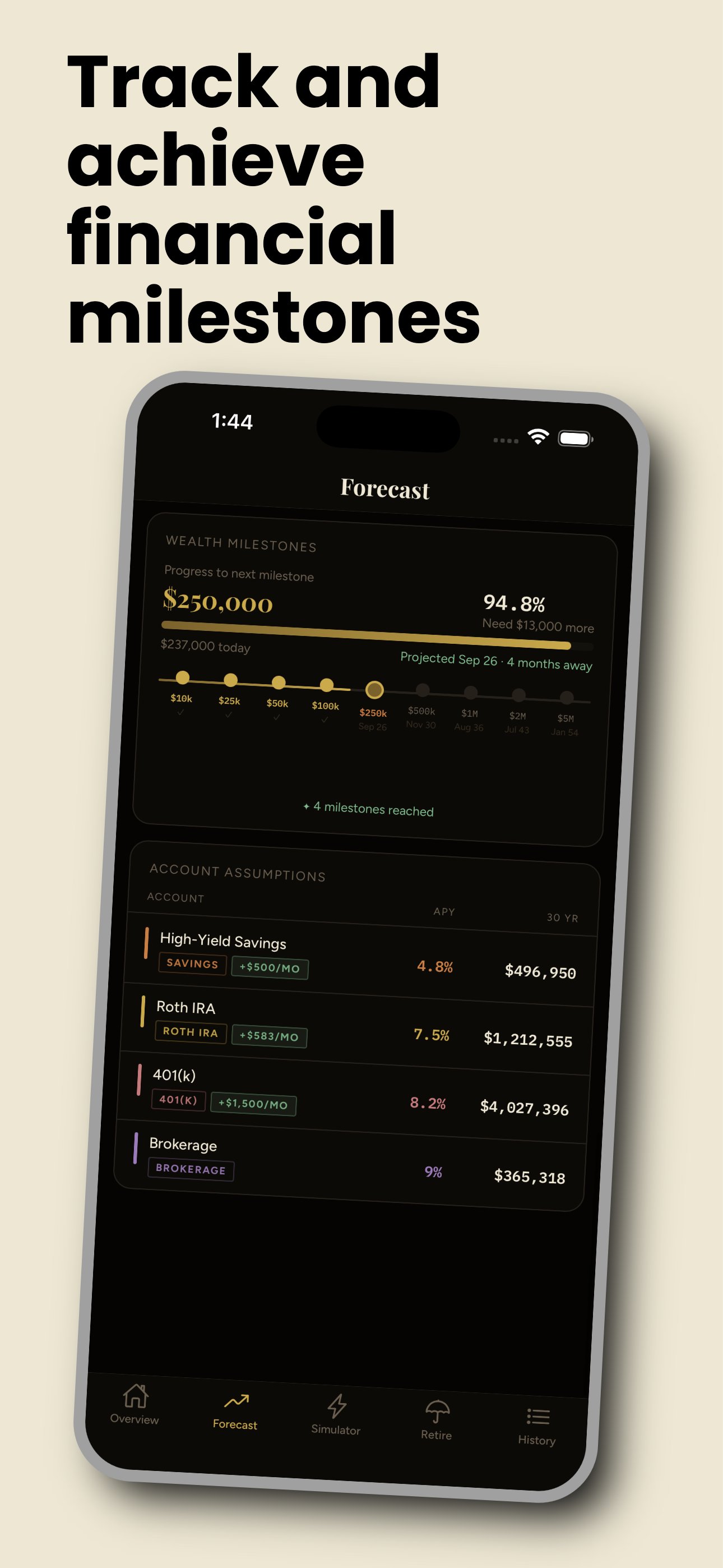 Vault wealth milestones screen